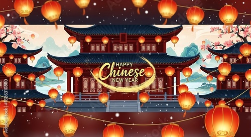 Happy Chinese New Year Lanterns with Temples  Blossoms in Festive Celebration.