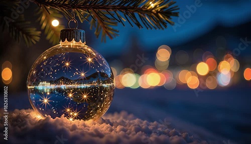 Glass bauble ornament showing reflection of city lights in night sky 