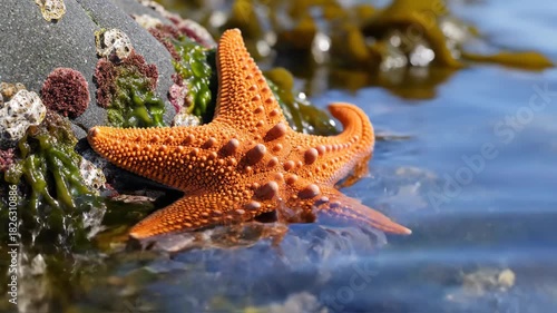 Vibrant orange starfish resting on rocky shore amidst green seaweed