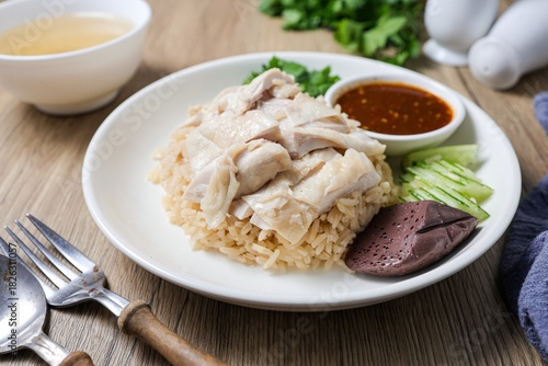 Chicken and rice with coriander and cucumber with sauce and soup in a white plate, hainanese chicken rice, thai called khao man gai, asian food, thai food