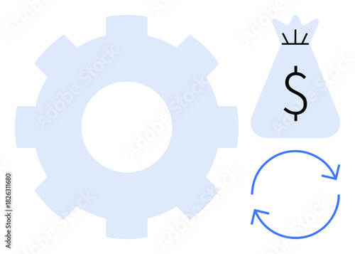 Gear and money bag with dollar icon alongside circular arrows visualizing business operations, financial management, and workflow automation. Ideal for technology, economy, process improvement