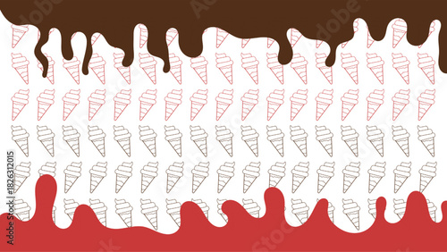 Chocolate and strawberry melted with ice cream cone pattern. wing strawberry drops. strawberry creamy melted drip wave. ice cream chocolate. ice cream strawberry