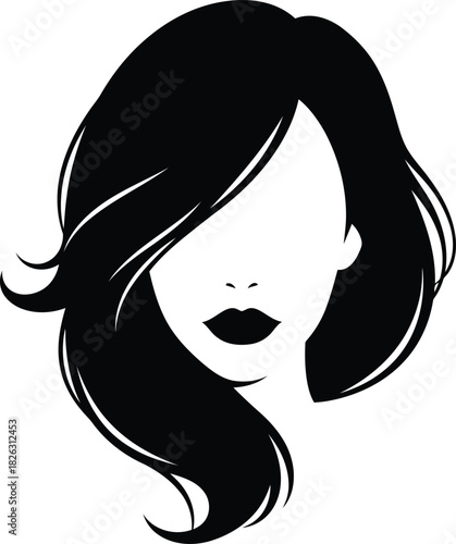 Stylish womans face silhouette with long flowing hair and bold lips, isolated on