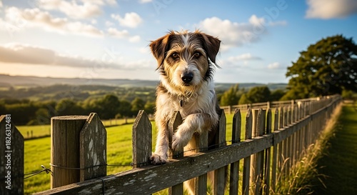 Happy Dog on Fence with Scenic Countryside View at Sunset, and Outdoor Pet Portrait.
