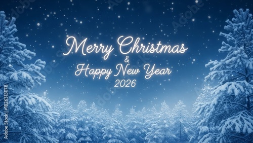 Festive Christmas and New Year 2026 Card with Snowy Pine Trees and Sparkling Stars