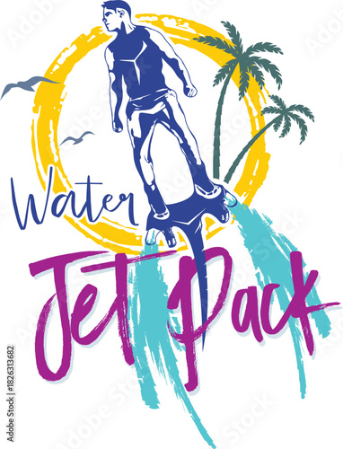 Water Jetpack Extreme Sport Vector Illustration. Summer Beach Adventure Graphic with Palms and Sunset for T-shirt Print.