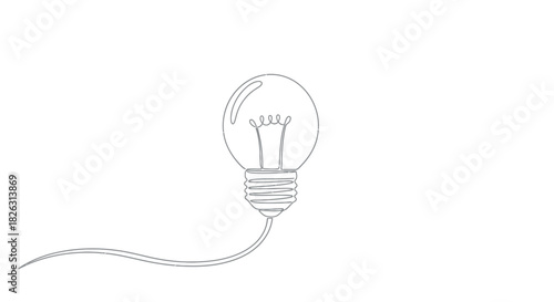 Classic mono line string light bulb outline with smooth wire on white background