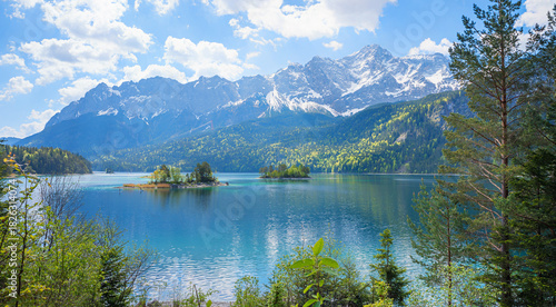 picturesque lake Eibsee with the two island Almbichl and Ludwigsinsel, Wetterstein alps, bavaria