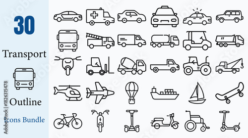 30 Transport Outline Icons Vector Bundle Set Car Truck Plane Boat Bicycle Scooter