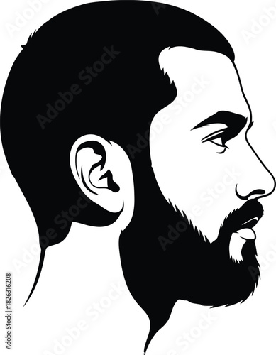 Stylized black and white profile illustration of a man with a beard and short hair, isolated on
