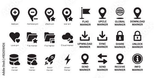 Extensive collection of location markers including add remove check star and file management