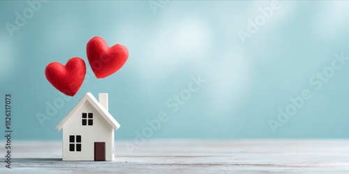 Home is where the heart is: Model home with red hearts on blue.