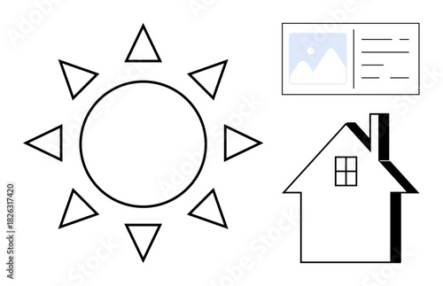 Sun with radiating beams, a house silhouette with a chimney, and a photo card. Ideal for themes of solar energy, nature, home, creativity, simplicity sustainability and design. A simple flat