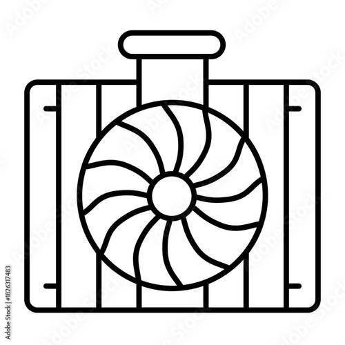 Car aluminum radiator with fan thin line icon, car parts concept. Vector graphics. Radiator sign on white background, style icon mobile or web design.