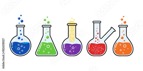 Laboratory glassware with colorful bubbling chemicals for science experiments