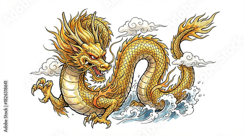 Dragon chinois doré en illustration traditionnelle