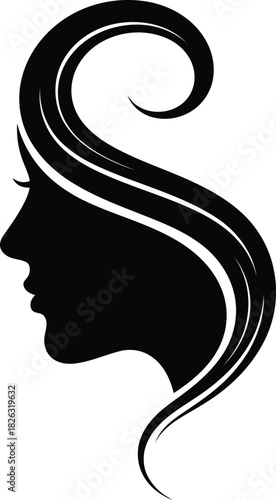 Elegant black silhouette of a womans profile with long, flowing, curly hair styled in a graceful sshape, symbolizing beauty