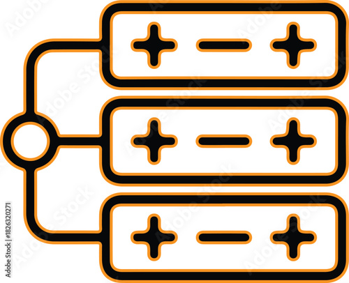 Three batteries connected in series with positive and negative terminals