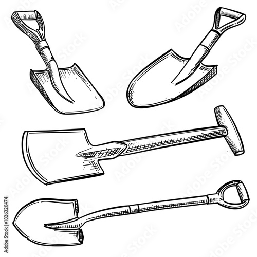 Various kinds of shovel vector line art hand drawn illustration