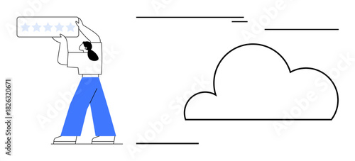 Person lifting a five-star review rating card near a cloud graphic. Ideal for feedback, customer satisfaction, cloud computing, service quality, online surveys, reviews, digital connection. Simple