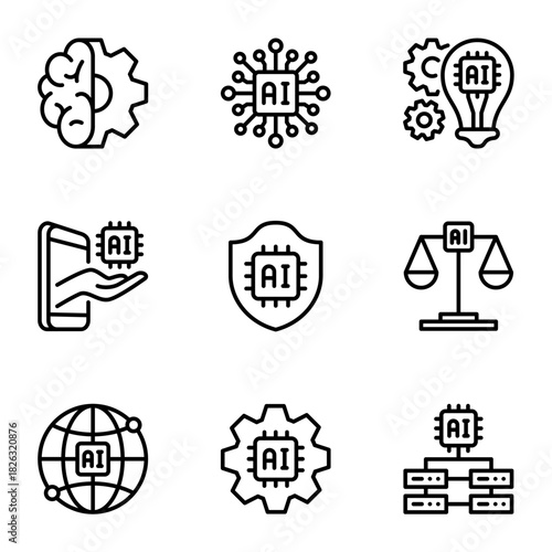 Artificial Intelligence Line Icon Set, AI Technology and Machine Learning Outline Symbols