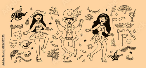 Carnival Cheerful Dancers Girls and Man in Costumes. Outline Party, Masquerade Celebration Doodle collection. Isolated Hand-drawn. Vector Illustration. Not AI