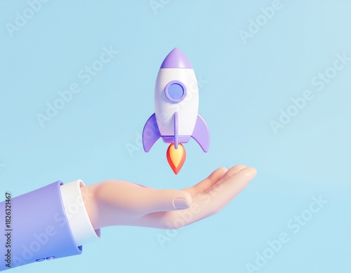 Innovation launch: A symbolic rocket, held delicately by a human hand against a vibrant backdrop, signifies innovation and progress