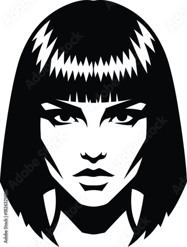 Bold graphic portrait of a woman with a sleek bob hairstyle and bangs, featuring strong lines and a captivating, confident expression