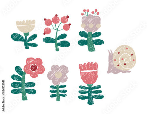 Crayon Flowers and snail. Folk Art. Whimsical Floral Elements set. Isolated Textured Hand Drawing doodles on white background. Primitive Modern stylized vector illustration. Not AI