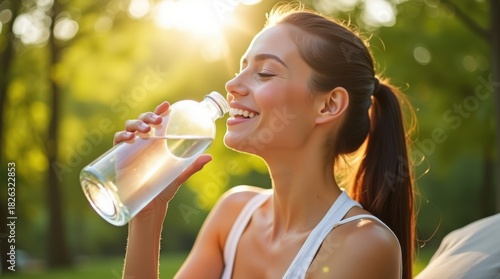 Mujer bebiendo agua de una botella transparente al aire libre