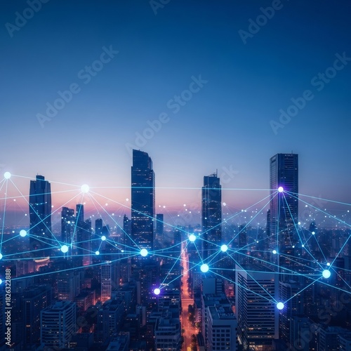 Wallpaper Mural Modern city skyline with glowing network lines and dots. Wireless communication concept for 5G network integration, smart city connectivity, and digital transformation. Torontodigital.ca