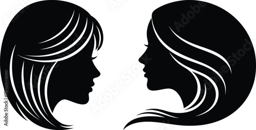 Black female silhouettes in profile, facing each other, symbolizing gemini zodiac, isolated on