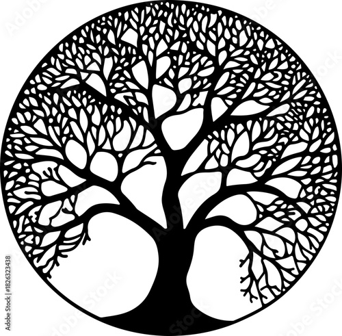 Black tree of life silhouette with intricate branches on white isolated on white background, Vector