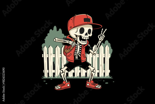 Cool Skeleton Character Wearing a Red Cap and Backpack.