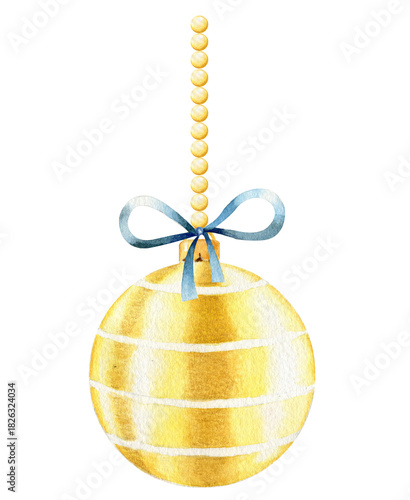 Watercolor holiday ornament.  Tree gold ornament with blue bow isolated on  white background. New years ball.