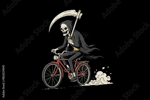 Grim Reaper Riding a Bicycle with a Scythe.
