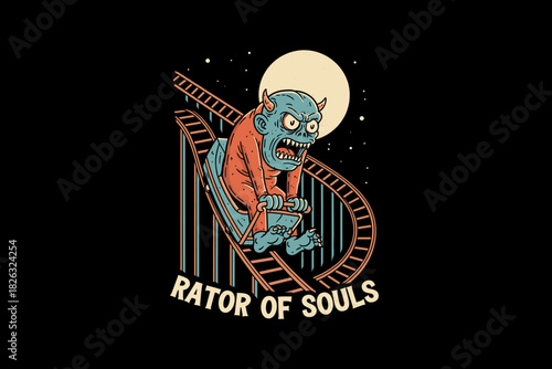 Scary monster riding a thrilling roller coaster at night.