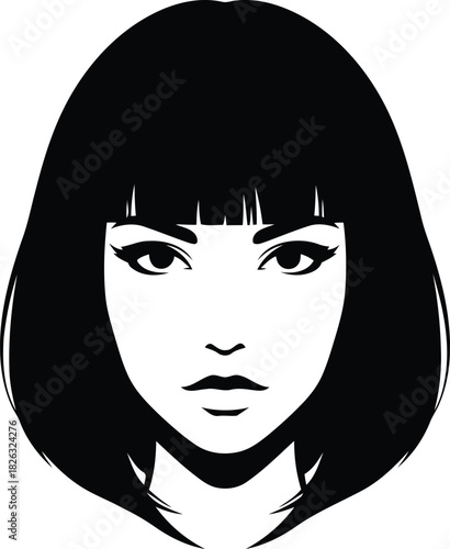 Stylized black and white illustration of a womans face with a sleek bob haircut and bangs, featuring a bold and graphic design