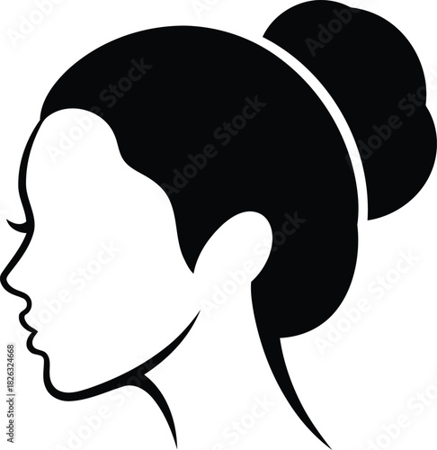 Elegant silhouette of a womans head in profile with a bun hairstyle, symbolizing beauty and grace, isolated on white