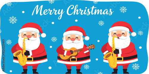 Festive Santa Claus Characters Playing Musical Instruments and Spreading Christmas Cheer in a Snowy Winter Scene