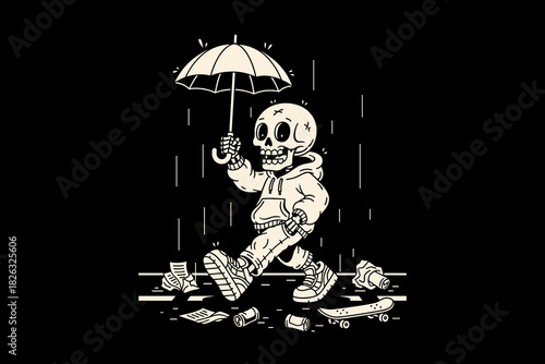 Skeleton walking in the rain with an umbrella and skateboard.