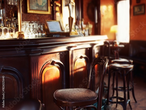 establishment. Vintage Italian bar interior with dark wood furniture and warm yellow lighting. real-estate listings.