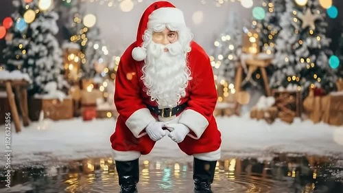 A cheerful, portly man dressed in a classic red and white festive costume, complete with a long white beard, glasses, and a matching hat, crouches down playfully while looking directly at the viewer. 