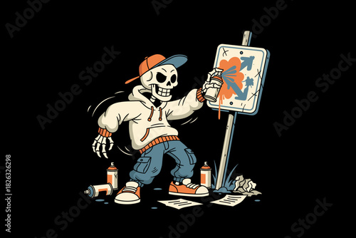 Skeleton graffiti artist painting a sign with spray paint cans.