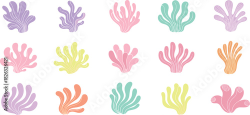Collection of colorful underwater coral reef illustrations in a simple flat design