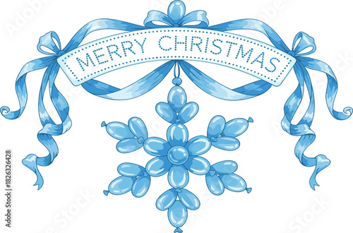 Blue ribbon banner with 'Merry Christmas' greeting and a delightful snowflake design, embodying the joyful spirit of holiday festivities and winter celebrations