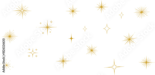 Sparkling golden starbursts and light effects on a white background, conveying a sense of magic and celebration