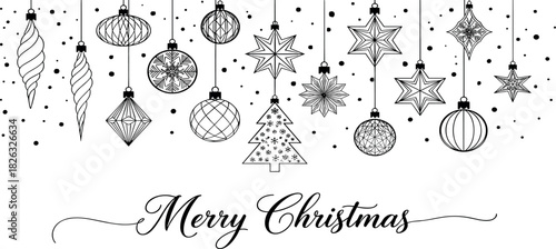 Elegant black and white Christmas greeting card banner with hanging doodle ornaments and festive decorations