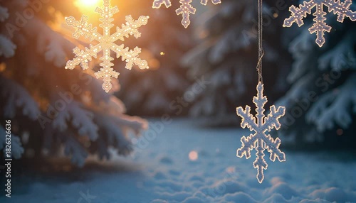 Snowflake decorations falling gently under warm light 