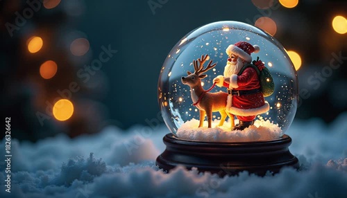 Snow globe glowing with Santa and reindeer inside 